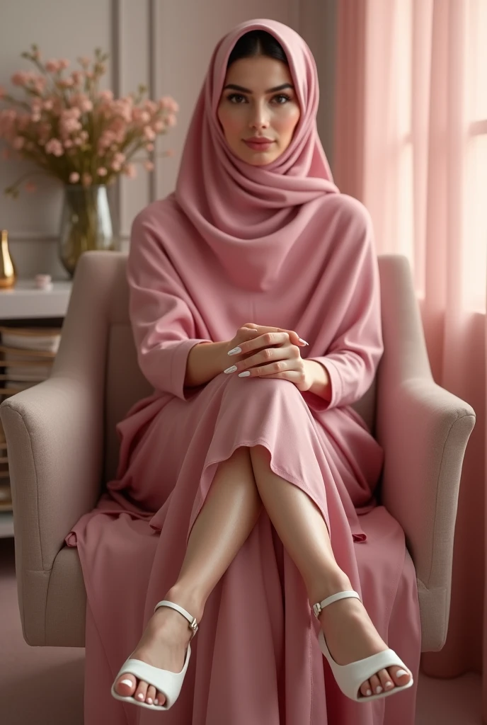 real,-Hijab girl,Arabic, arabic girl, Sexy feet, white toenails, in the nail salon, crossed legs nail studio, long nails, rosa Outfit, crossed legs, sexy posing feet, BIG ASS