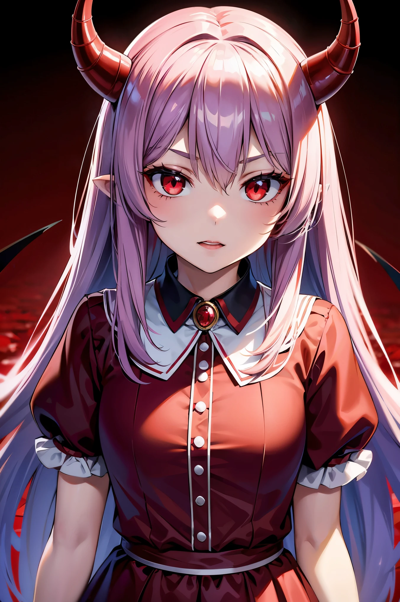 remilia scarlet, girl, red eyes, long hair, demon horns, short sleeve dress, young body, blood on body, high quality, 8k, best quality, 4k, ultra-detailed, realistic, photorealistic, vivid colors, sharp focus, professional, masterpiece, extremely detailed eyes and face, beautiful detailed eyes, beautiful detailed lips, long eyelashes, concept art