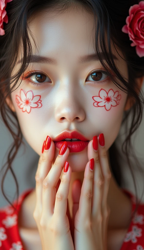 8K, high resolution, detailed full upper body portrait photography, gorgeous Asian female, fashion inspired by white red porcelain pattern, covering lips with fingers, red nails, taken with a 60mm lens, ISO 300, f/4, 1/200th
