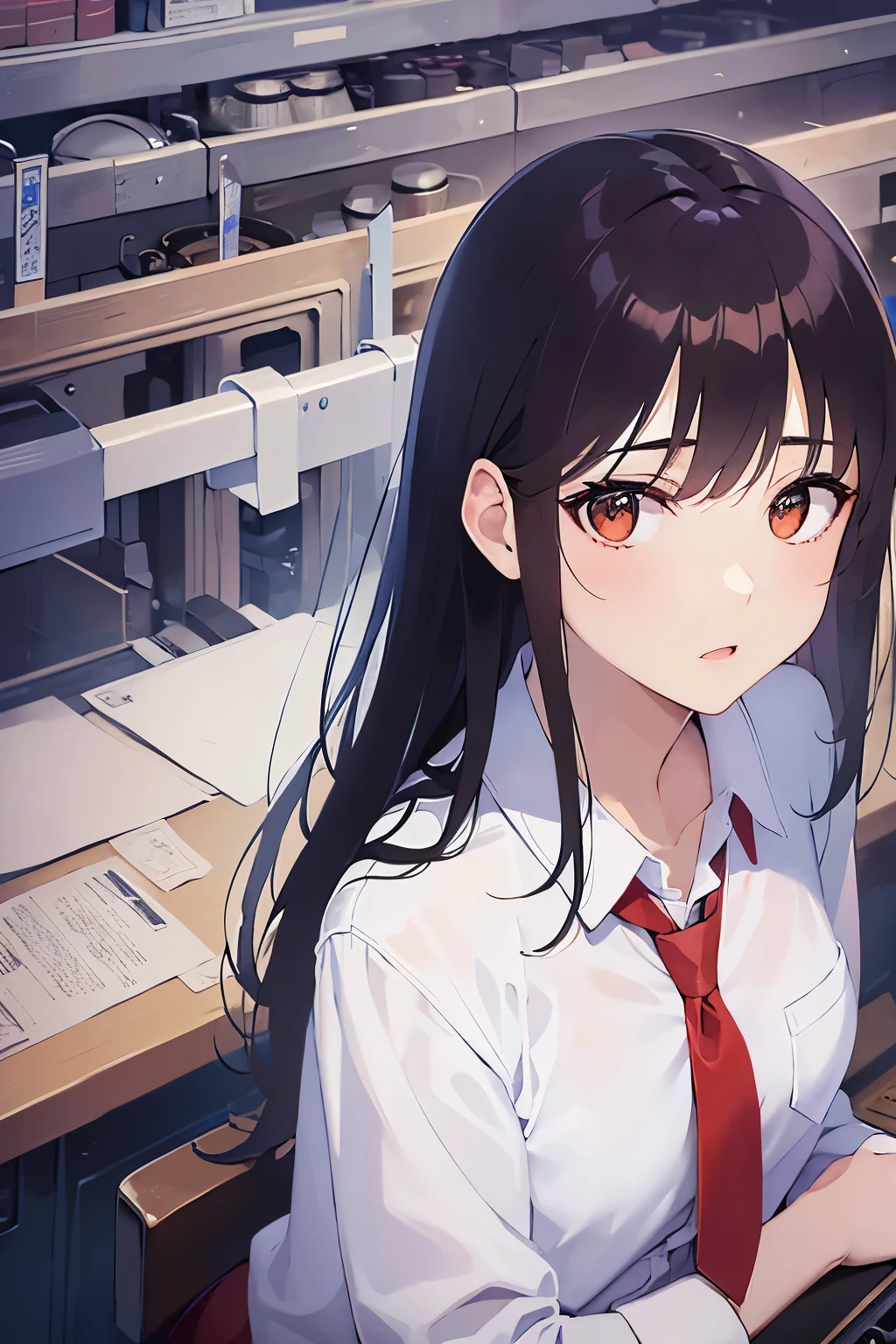 leaning forward、Shooting from above、Upper Body, Realistic, real person, (pale skin: 1.2), RAW photo, photorealistic, shiny skin, shiny hair、 (A 2 woman with medium-length hair and bangs) and (wavy hair) and (brown hair) and (orange eyes),(white collared shirts)、 surprised,embly line、(factory:1.5),(alone:1.5)
