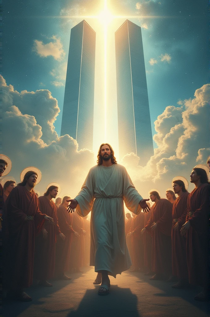 Draw Jesus of Nazareth guiding many souls towards the twin towers in heaven 
