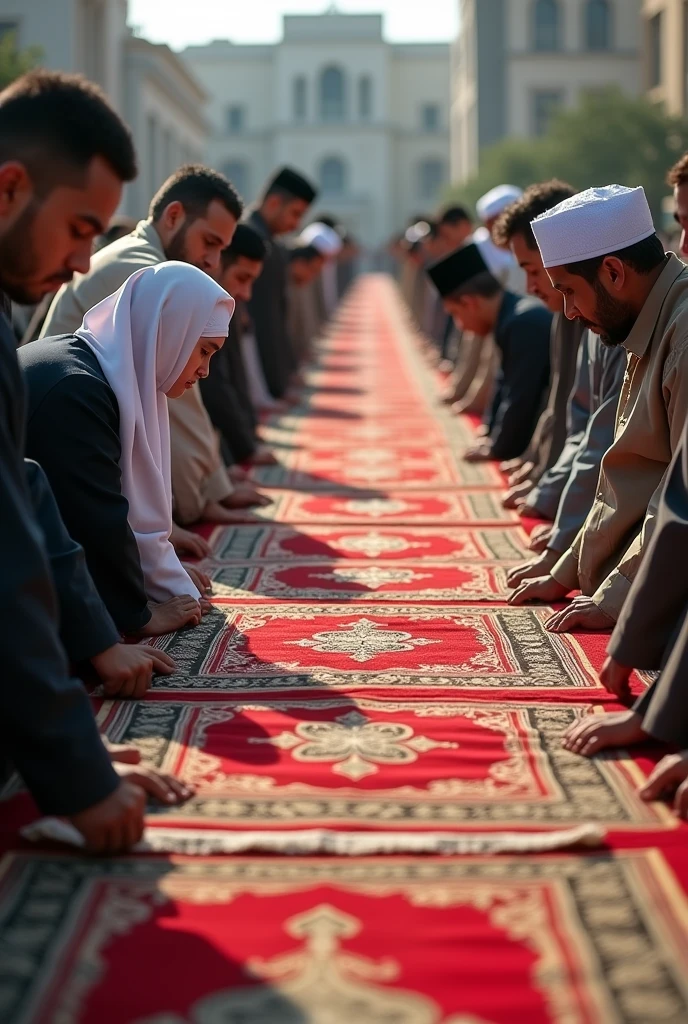 Muslims spreading cloth on the ground before praying
