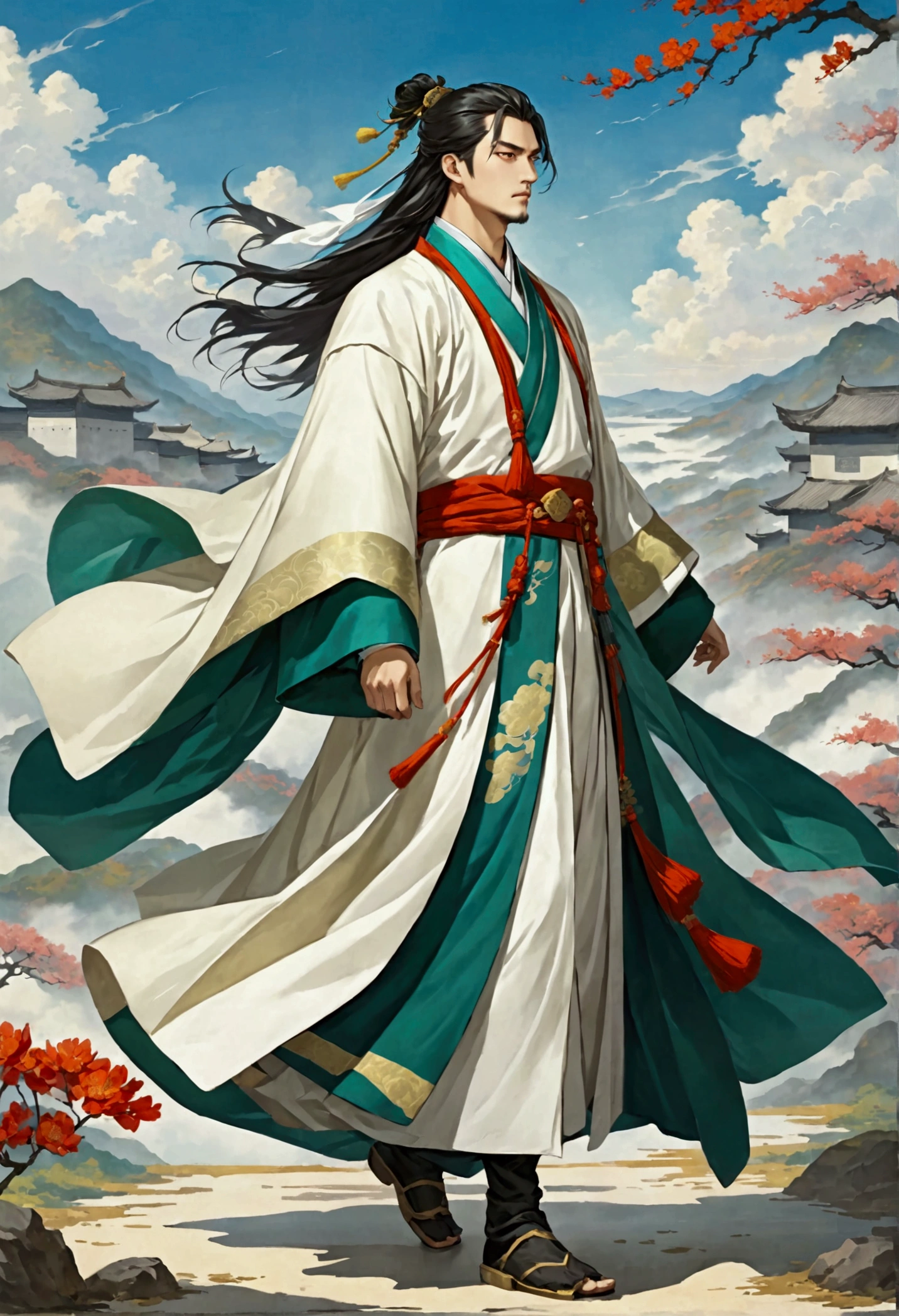 Three Kingdoms Zhuge Liang, Clothes made of a coat, wind, youth, Full body exposed, Look ahead