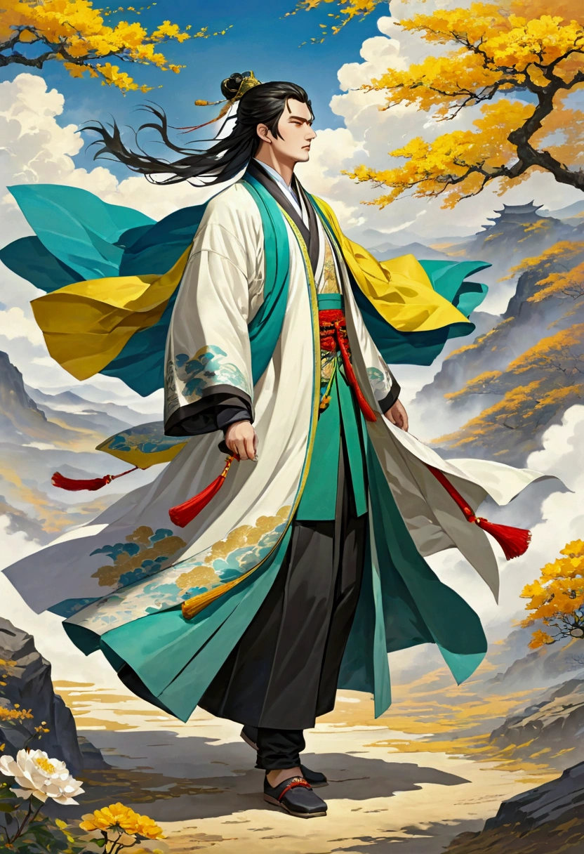 Three Kingdoms Zhuge Liang, Clothes made of a coat, wind, youth, Full body exposed, Look ahead