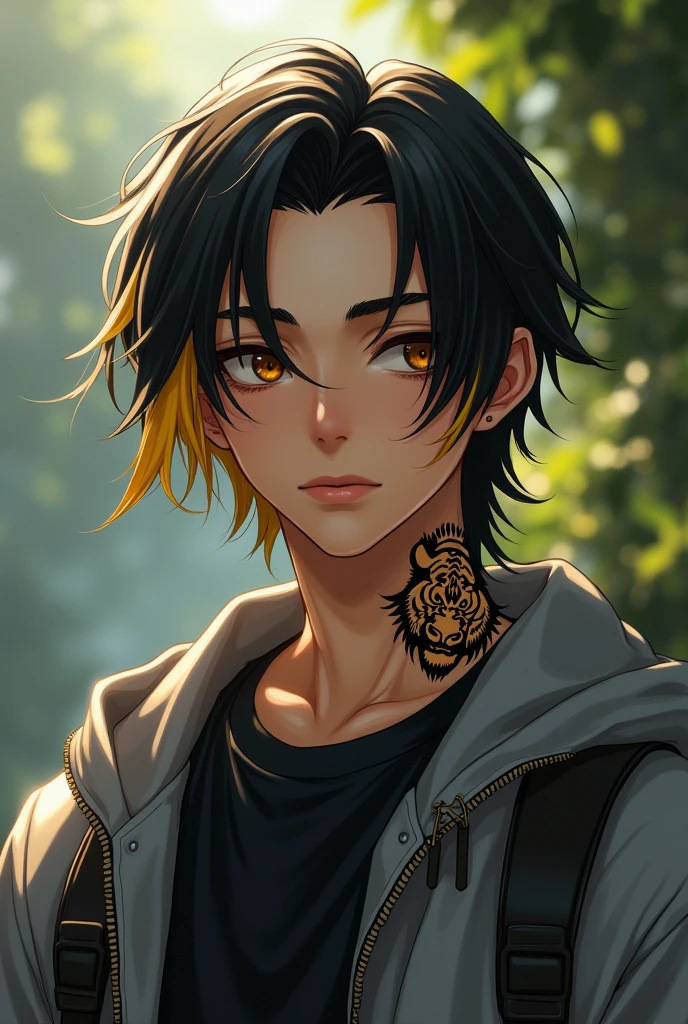 a tall boy of 1.80 long black hair with two yellow strands in front, big amber eyes with a mole on the lower right side of the right eye, He has an abstract tiger tattooed in black tones on the right side of his neck and wears a gray jacket and a black t-shirt, being realistic.
