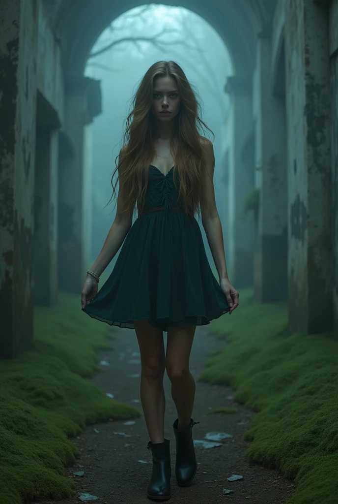 ( Kristina Pimenova teen with legs spread:1.6)  (wind blows long, Messy hair:1.3), blue colored eyes, (cups), detailedeyes, detailed lips, (girl no, sensuous, whole body:1.5), (photo from several different angles:1.5), (creepy and scary indoor place, abandoned with fog and mist, neve, Green moss: 1.3), low neck, ray tracing, (best qualityer, 4K, 8k, high resolution, work of art:1.2), very detailled, (realisitic , photorealisitic, photorealisitic :1.37), HDR, ultra HD, work of art, proffesional, bright coloured, bokeh, studio lighting