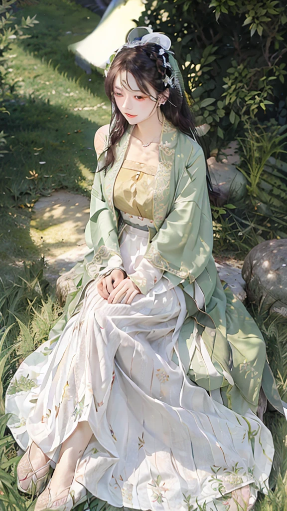 garden,On the grass,an oriental girl,long hair shawl,Miansha on the face,Big breasts,earrings,Wearing an ancient Han Dynasty mini lace skirt,Chest gemstone jewelry,坐在On the grass,