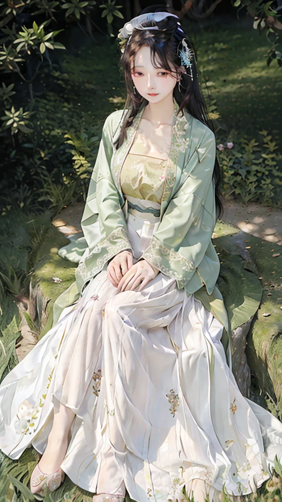 garden,On the grass,an oriental girl,long hair shawl,Miansha on the face,Big breasts,earrings,Wearing an ancient Han Dynasty mini lace skirt,Chest gemstone jewelry,坐在On the grass,