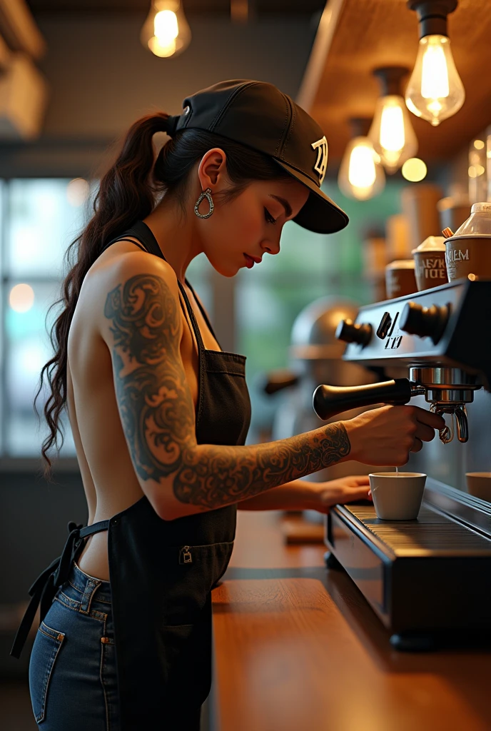 A girl, wearing a backward hat, only wears apron. standing making a coffee, focused and using a coffee maker, Her tattooed arm is visible as she leans into her work. highly detailed, highlighting the girl enjoy making coffee. photo realistik , hyperrealistic, 8k, dynamic pose.