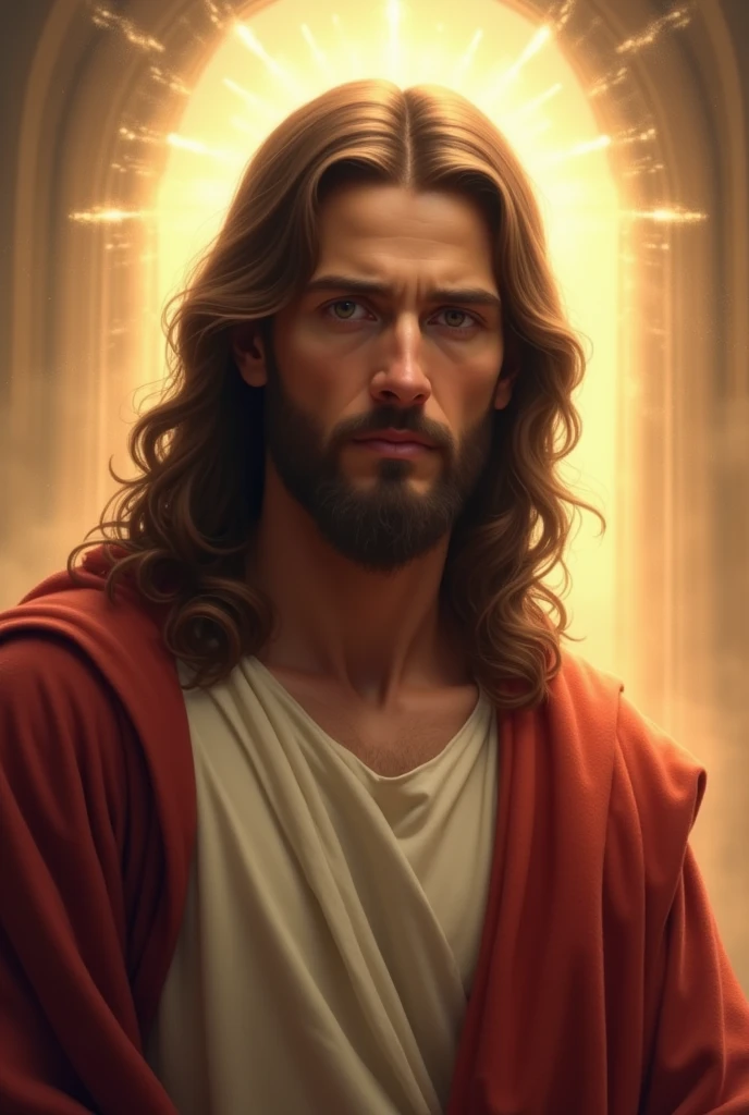 A calm and peaceful portrait of Jesus Christ facing directly at the camera. He has long, wavy brown hair, a gentle beard, and soft, compassionate eyes. He is wearing traditional robes, with a white tunic and a red cloak draped over his shoulder. The background is a soft golden glow, with subtle hints of light rays shining around his head, representing a divine presence.