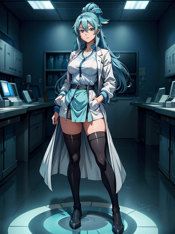 masterpiece, best quality, high quality, highres, 1girl, solo, aqua (konosuba), blue hair, long hair, blue eyes, white shirt ,long labcoat, black office skirt, thighhighs, full body, standing, hands in pockets, bored, depth of field, laboratory,