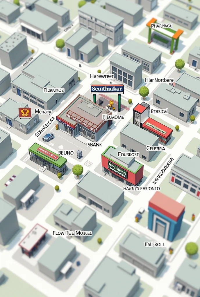 

- The pharmacy is on the northwest corner.
- The bank is on your right (northeast).
- The hardware store is right under the bank. (southeast).
- The supermarket is south of the hardware store.
- The gas station is east of the supermarket. 
like a map 
