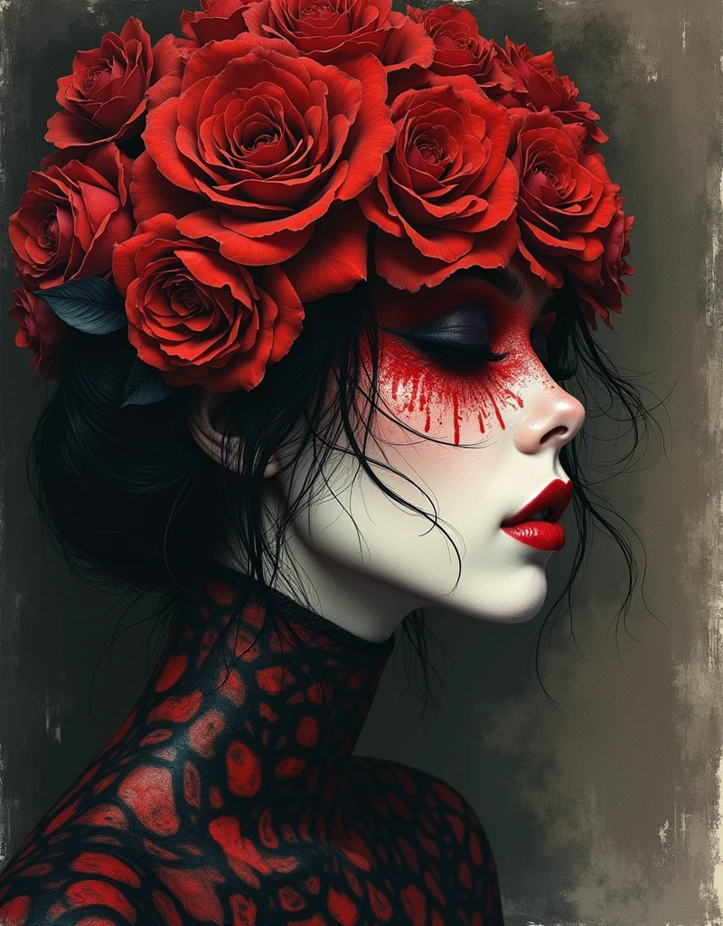 in style of Harry Clarke, (rose-headed japanese woman:1.6),(rose face:1.2),(rose head:1.3),drawing by Conrad Roset close up,(darkness:1.2),(very detailed shadows:1.2),absolute shadows,absolute darkness,