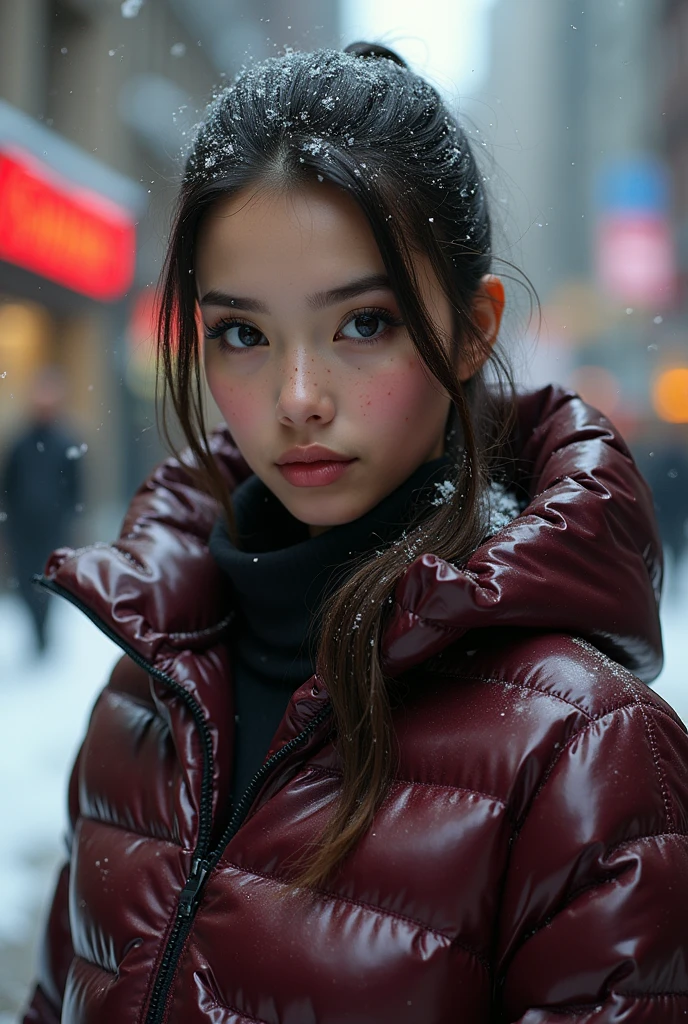 a slim ponytail girl,beautiful detailed eyes,beautiful freckles,beautiful detailed lips,extremely detailed eyes and face,longeyelashes,in beautiful detailed hooded formfitting duvetica overfilled shiny hyper gleamy hyper thick glossy unsealed puffer jacket covering her sealed hyper padded duvetica puffer vest,latex glossy stirrup legging,her full-foot glossy hyper padded overfilled thick inflated down slipers,symmetrical,walking in pufferstore,masterpiece,cinematic,lifelike,hyperrealistic,8k,photorealistic,highly detailed,intricate,exquisite,elegant,beautiful,stunning