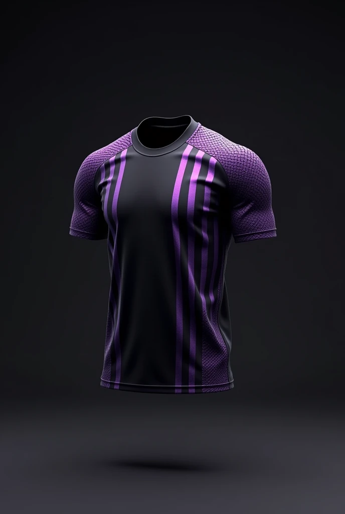 make a floating shirt, of athlete, in black and with details of printed purple scales. Also add purple stripes that go from the collar to the sleeves..