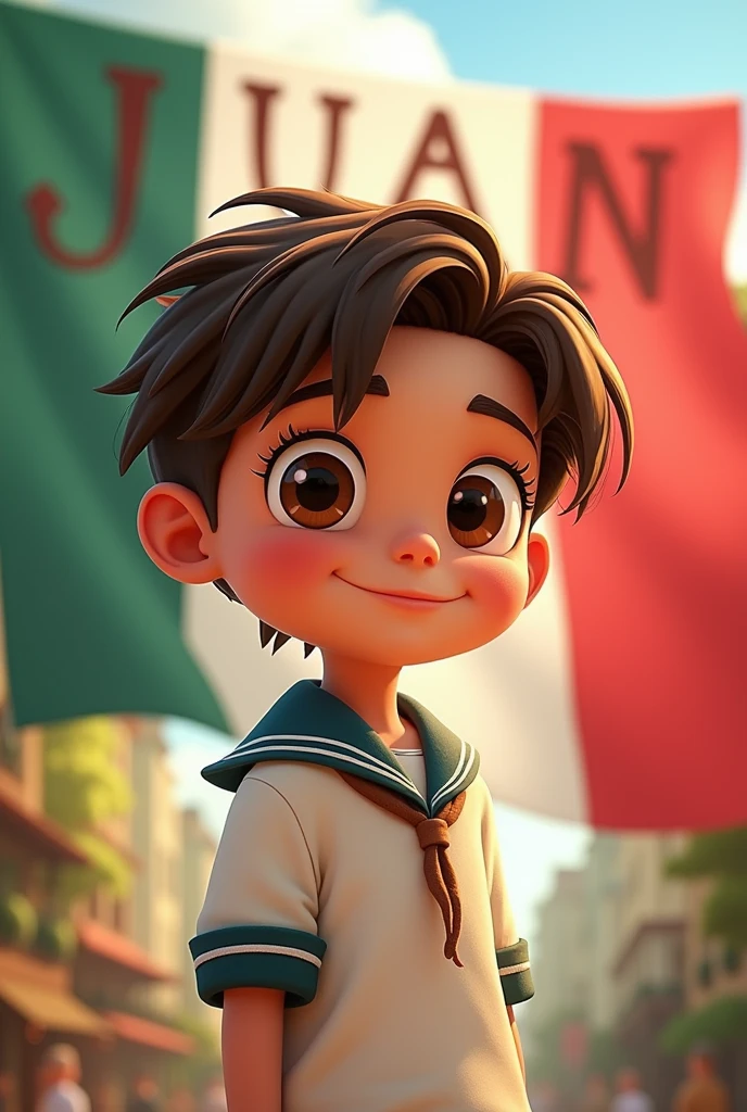 Cartoon boy with medium brown hair, broken brown hair, combed to the right side, light brown eyes, dressed in a sailor suit, saying his name " Juan "in capital letters representing the independence of Mexico with a flag 