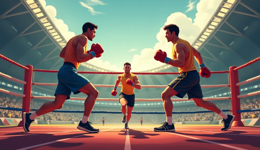 "Athletes are training vigorously in various settings: one is in a boxing ring sparring with a coach, another is on a track running drills, and a third is in a quiet room meditating, focusing on overcoming inner fears, with a serene expression."