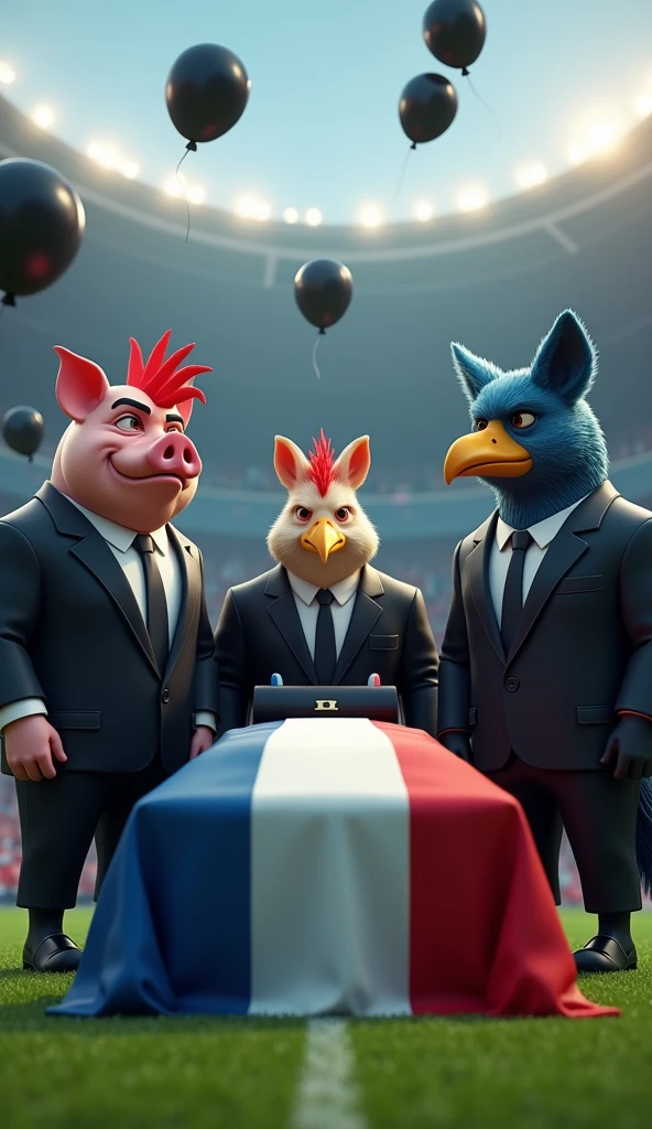 A muscular pig, puffed out chest, black suit, inside a soccer stadium, next to it a muscular rooster bird, black suit, next to it a blue male fox, muscular, puffed out chest, black suit, next to it a muscular vulture, puffed out chest, black suit, everyone is sad seeing a coffin with a flag over it in the colors blue, white, red, black balloons flying in the wind, 3d image, 8k vivid colors