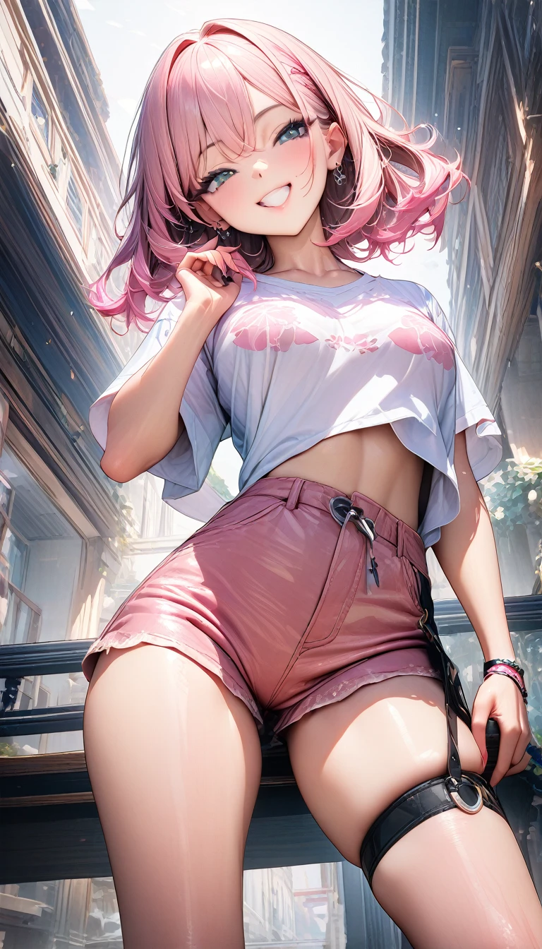 ((最high quality, 8k, masterpiece)), High resolution、(high quality: 1.5)、Very detailed、Detailed face、Bright colors、Natural light、Fine grain、Colorful eyes、Beautiful Face、Highly detailed face texture of a woman,masterpiece, 最high quality, Detailed and beautiful eyes,最high quality、Best image quality、masterpiece,girl,smile,From below,grin,(Brat),Pink Hair,Cute clothes,Printed shirt,Shorts,Just beautiful,masterpiece,(laugh at),最high quality、so beautiful,High resolution,1girl, solo,(masterpiece:1.2)、(最high quality:1.2)、Latest Glossy Skin