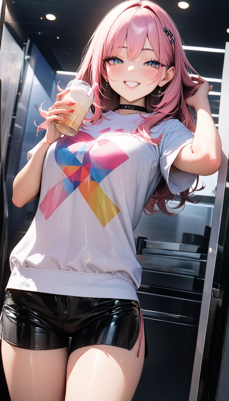((最high quality, 8k, masterpiece)), High resolution、（high quality: 1.5）、Very detailed、Detailed face、Bright colors、Natural light、Fine grain、Colorful eyes、Beautiful Face、Highly detailed face texture of a woman,masterpiece, 最high quality, Detailed and beautiful eyes,最high quality、Best image quality、masterpiece,girl,smile,From below,grin,(Brat),Pink Hair,Cute clothes,Printed shirt,Shorts,Just beautiful,masterpiece,(laugh at),最high quality、so beautiful,High resolution,1girl, solo,(masterpiece:1.2)、(最high quality:1.2)、Latest Glossy Skin