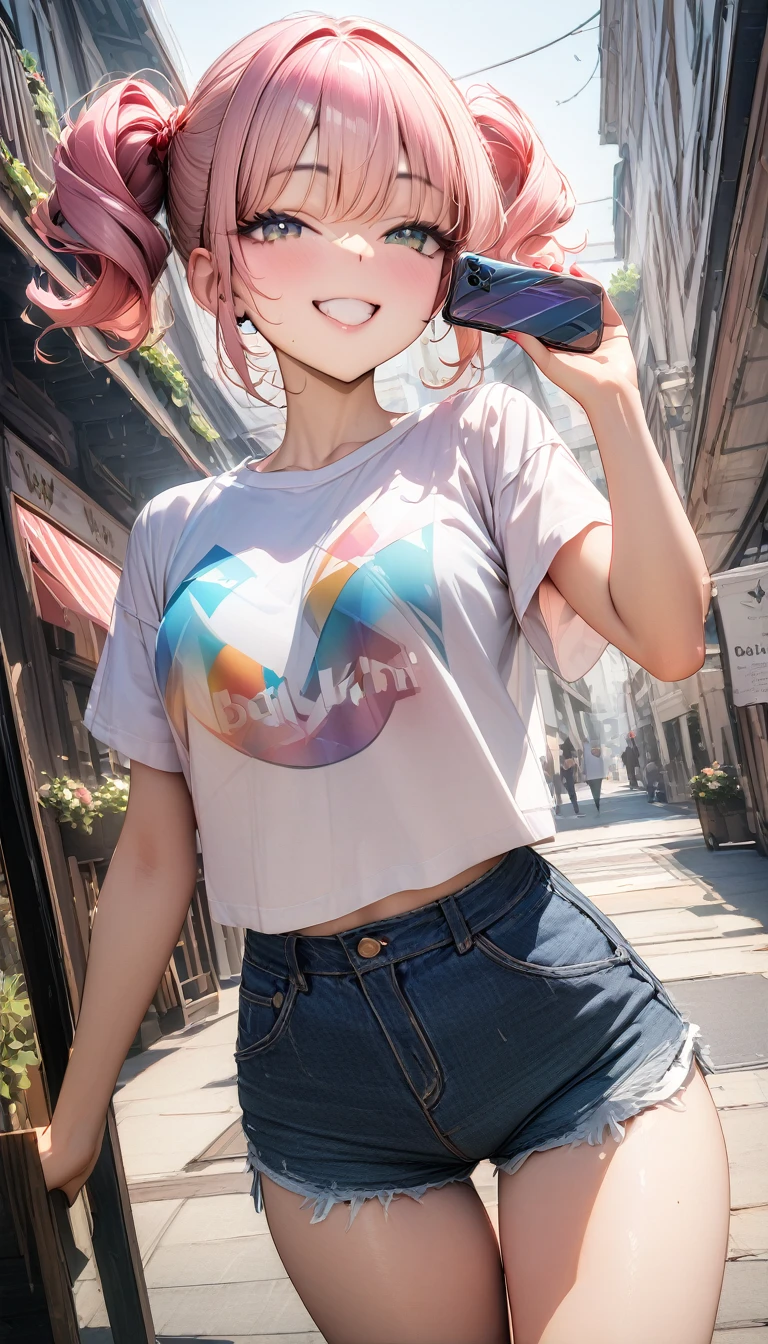((最high quality, 8k, masterpiece)), High resolution、(high quality: 1.5)、Very detailed、Detailed face、Bright colors、Natural light、Fine grain、Colorful eyes、Beautiful Face、Highly detailed face texture of a woman,masterpiece, 最high quality, Detailed and beautiful eyes,最high quality、Best image quality、masterpiece,girl,smile,From below,grin,(Brat),Pink Hair,Cute clothes,Printed shirt,Shorts,Just beautiful,masterpiece,(laugh at),最high quality、so beautiful,High resolution,1girl, solo,(masterpiece:1.2)、(最high quality:1.2)、Latest Glossy Skin