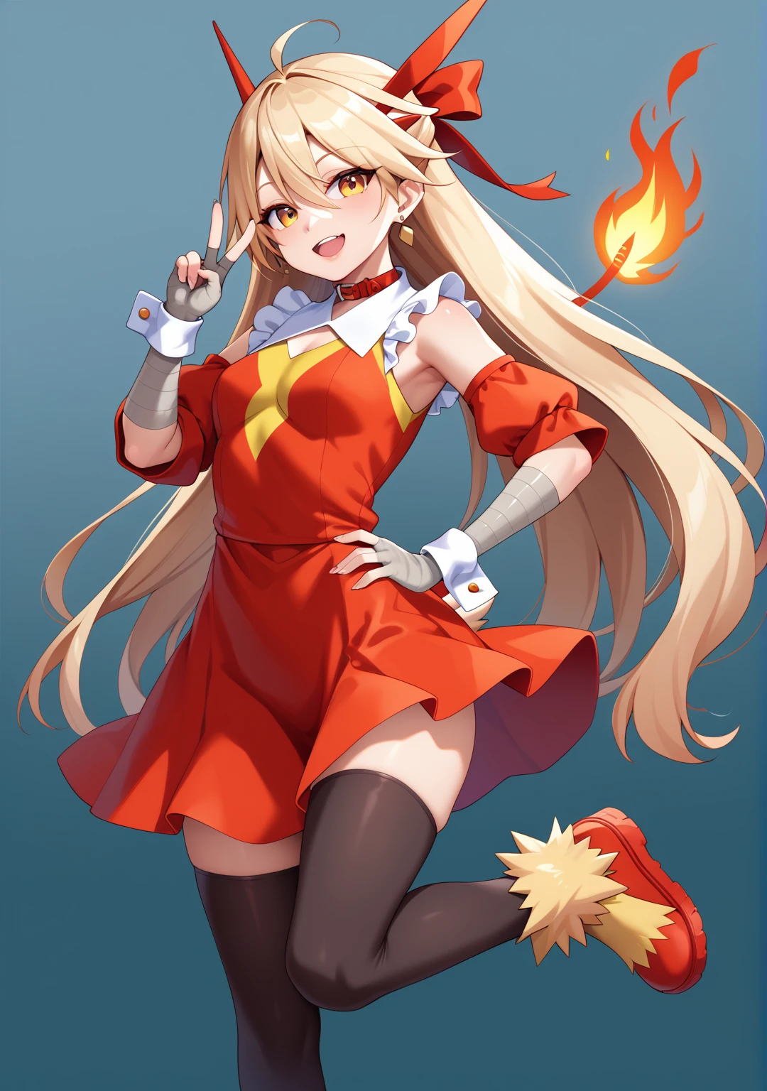 Digital illustration of a cute girl inspired by Blaziken in an anime style:
Character:
Young girl, 15-
Slender but athletic build
Fair skin with a slight warm undertone
Face and Hair:
Large, expressive amber eyes
Small nose and pink lips with a confident smile
Long, fluffy hair in a gradient from bright red to orange, styled to resemble Blaziken's head crest
Two small tufts of hair sticking up like Blaziken's 'ears'
Outfit:
Short, flared dress in vibrant red with orange and yellow flame-like patterns
White feather-like frills at the collar and hem of the dress
Long, detached sleeves in red and orange, ending in white cuffs resembling Blaziken's wrists
Black leggings with red flame patterns at the ankles
Red and orange high-top sneakers
Accessories:
Red and orange feather-like hair clips
Small, decorative wings attached to the back of the dress
Red fingerless gloves
Pose:
Dynamic stance with one leg slightly raised, mimicking Blaziken's fighting pose
One hand raised in a peace sign, the other on her hip
Cheerful, energetic expression
Background:
Simple, warm-colored gradient background suggesting a sunset
Lighting:
Warm, golden lighting to enhance the fire theme
Subtle glow around the character, hinting at Blaziken's fire abilities
Style:
Cute anime art style with clean lines and vibrant colors
Emphasis on fluffy, feather-like textures in hair and clothing
Soft shading for a gentle appearance
Color palette:
Predominantly red, orange, and yellow
White and black accents
Warm skin tones
Additional details:
Small flame effects around the shoes or hands
Feather-like patterns in the hair and clothing textures
Energetic, friendly expression
Overall impression:
A cute, cheerful interpretation of Blaziken as a young girl
Balance between human features and Pokémon-inspired elements
Conveys Blaziken's energy and fire theme while maintaining a cute, approachable appearance