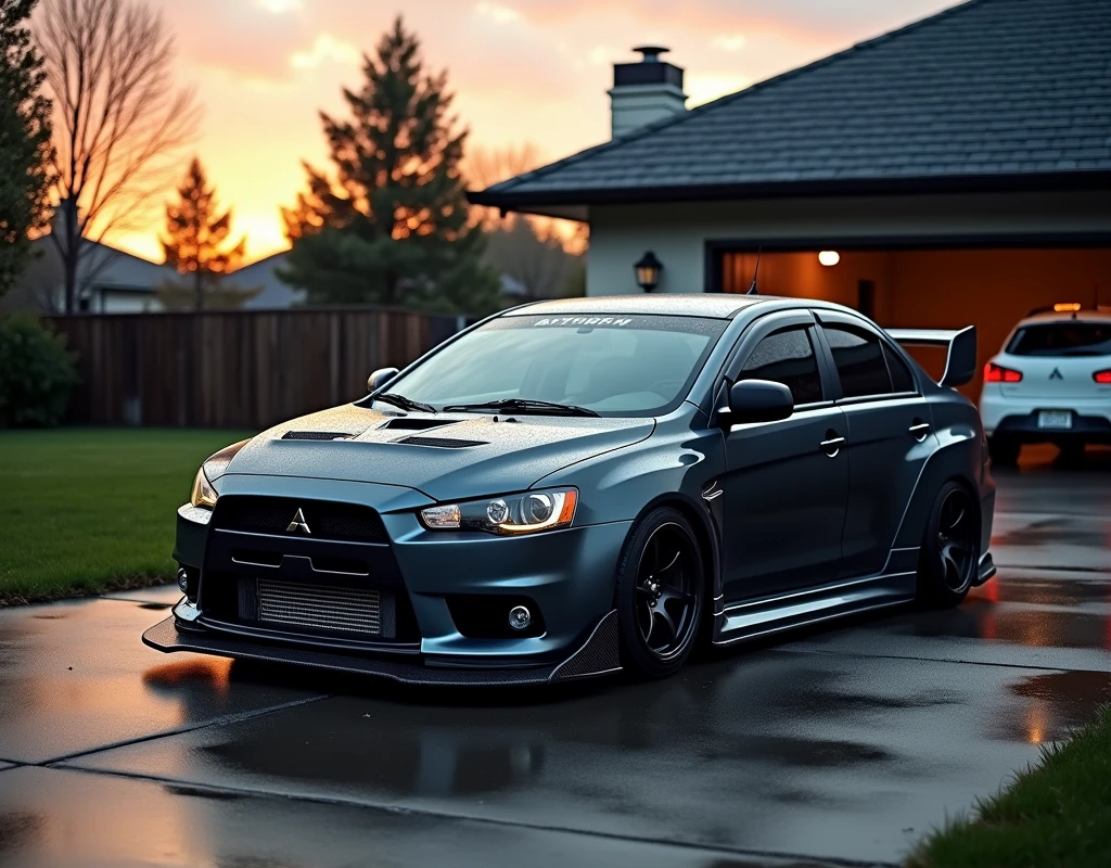 A highly detailed, cinematic photo of a modified Mitsubishi Lancer Evolution X racing car build, captured in a residential driveway setting at dusk, with a warm, golden light casting long shadows. The car's dark gray, glossy bodywork sits low to the ground, accentuated by the sleek, aftermarket wheels and lowered air suspension, giving it an aggressive stance. A carbon fiber front splitter and hood vent add to its racing-inspired aesthetic, while the Mitsubishi logo proudly adorns the front grille. In the background, a white car is parked in a garage, surrounded by a neatly maintained yard with a lush green lawn and a house featuring a sloped roof. The atmosphere is moody, with wet weather pavement and a dramatic sky, as the sun sets behind the scene, casting a cool, high-contrast tone. The image should evoke a sense of realism, with highly detailed textures, subtle reflections, and a shallow depth of field, showcasing the car's sleek design and the photographer's skill.