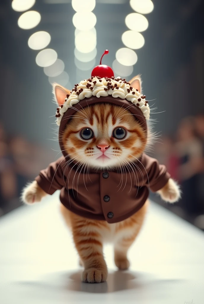 (photorealism:1.2), cute cat wearing chocolate cake walking on the runway