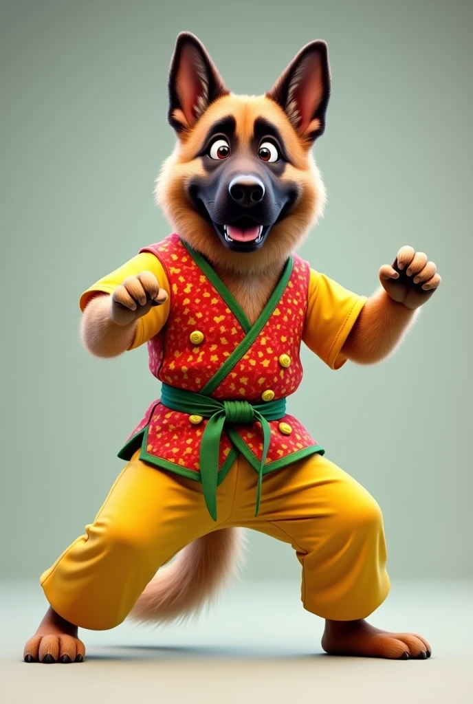 A German Shepherd. Wearing a Short red and yellow patterned vest with green trim secured with buttons, yellow pants, green belt. Doing a karate pose.