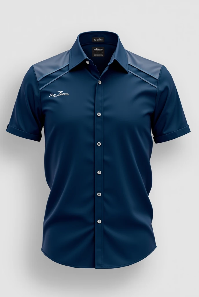 A shirt for an automotive parts company that is primarily dark blue with a touch of grey and light blue on the shoulders