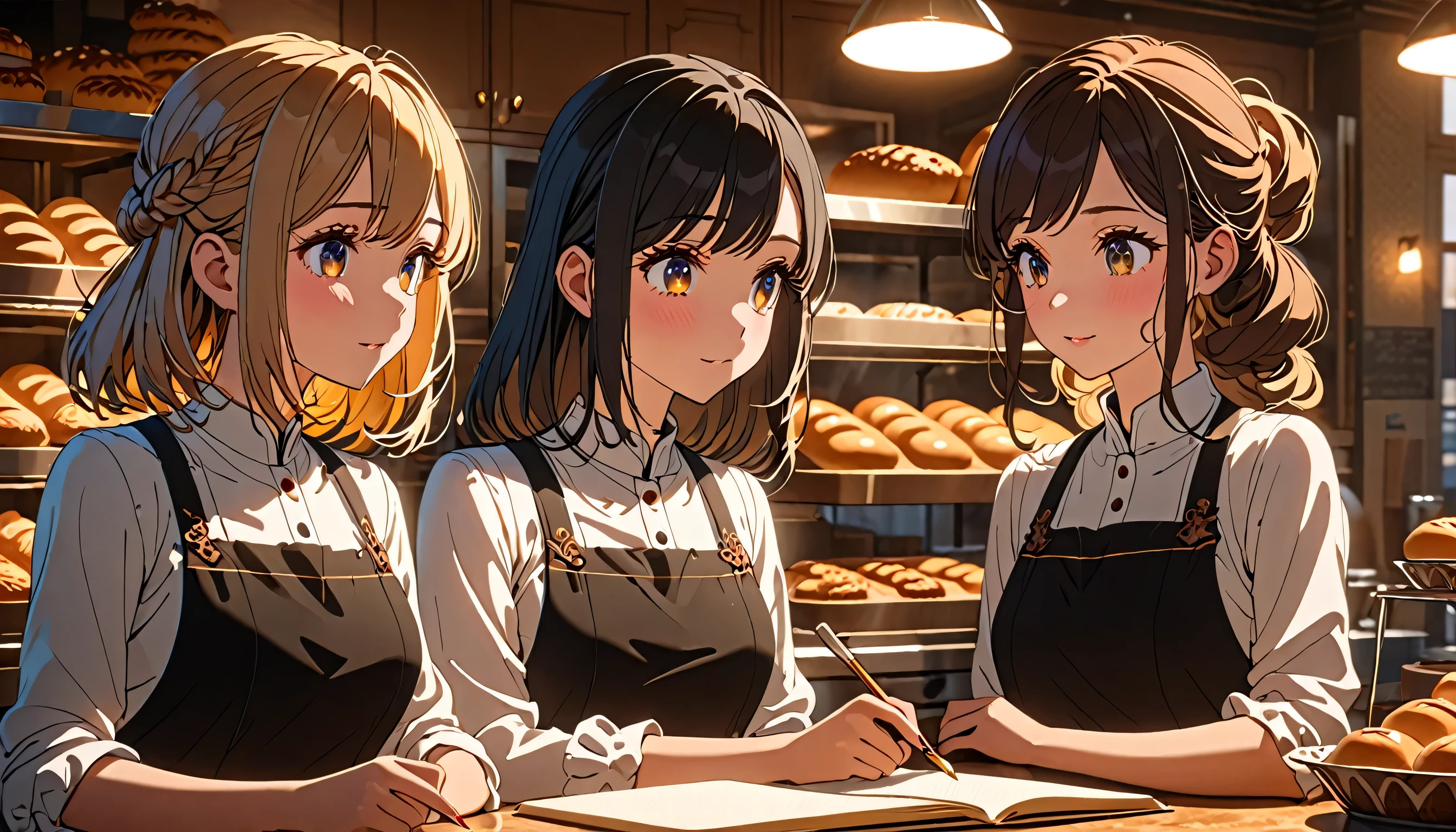 three girls talking in a bakery kitchen, looking at open notebook, beautifully detailed face, long eyelashes, intricate details, warm lighting, animetic, 8k, high resolution, hyperdetailed, vivid colors, natural lighting, cinematic, elegant, graceful, ethereal