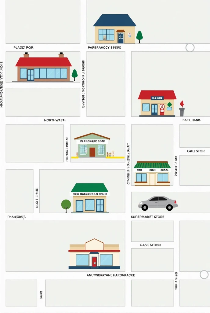 - The pharmacy is on the northwest corner.
- The bank is on your right (northeast).
- The hardware store is right under the bank. (southeast).
- The supermarket is south of the hardware store.
- The gas station is east of the supermarket.
Like a map In squares