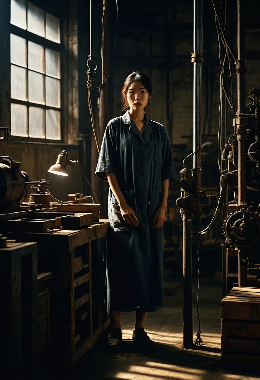 Misaki Sato, a genius botanist; a beautiful girl tied hand and foot to a steel pole in the center, unable to move; a determined; a lab coat; sweat beading on the forehead; the warehouse; a high ceiling with bare beams; dusty light coming through the window; spotlights from hanging bulbs; old machines and wooden boxes casting ominous shadows; the tense atmosphere, the tense atmosphere, the contrasting noir lighting. Old machinery and crates casting ominous shadows, tense atmosphere, contrasting noir lighting, hard textures, stills from thriller film, ultra fine detail, 8K --AR 16:9 --Stylize 1000