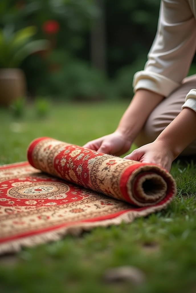 Photo of laying a small carpet on the ground