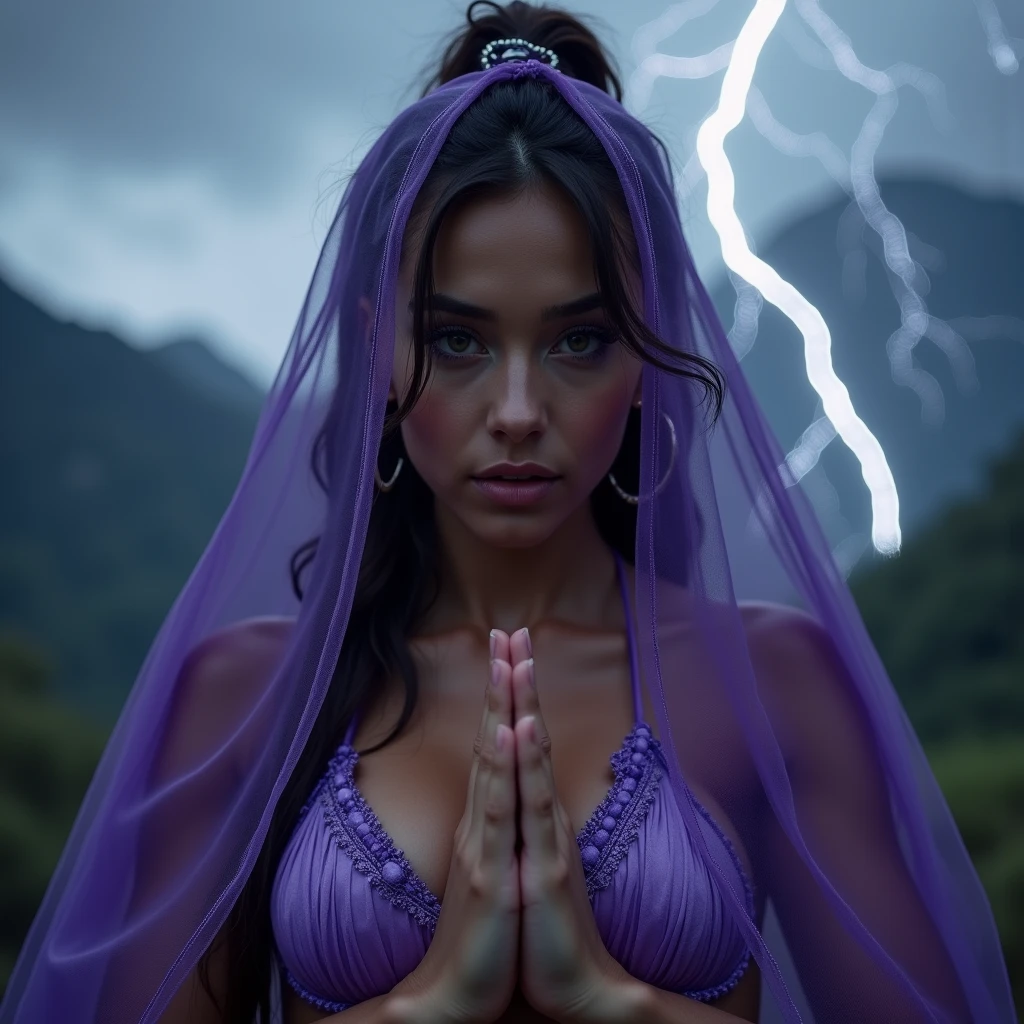 1 nubile Miss Colombia goddess is staringly mindlessly in front of the camera while praying, and she's covered from the shoulder down by a purple gossamer body veil while wearing a Jezebel in the bible harem bikini regalia, and doing extreme squatting, 3:4 full frontal body portrait, ((merge and use young faces of Alice Eve and Rila Fukushima into best 50/50 blend)), (eyes wide open, wide open eyes, blank stare, best detailed face, best lifelike face, best lifelike nose and eyes), Grecian upstyle hairstyle with high standing ponytail, pucker lips, pale snowy colored skin, huge hoop earrings, bodacious, playboy playmate archetype, perfect bikini body, (((massive breasts))), sweaty, show cameltoe, show underboobs, mindless facial expression, deeply hypnotized facial expression, deeply entranced facial expression, ((primeval backdrop with Intense lightning strikes and severe thunderstorms towering over misty mountains)), (RAW Photo, 12K, best quality, best masterpiece, hires, best realism, best photorealism, vivid colors and natural outdoor lighting)