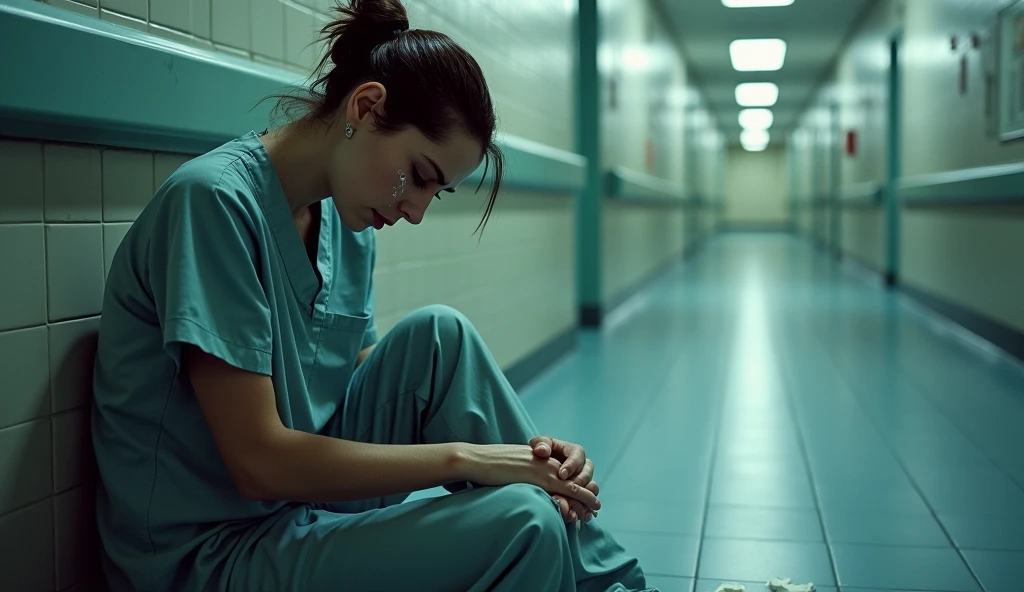 Medium shot, An intense portrait of a nurse crying sitting in a corridor in a LA hospital, shot on Kodak Ultramax 400 film to give saturated color and dramatic effect