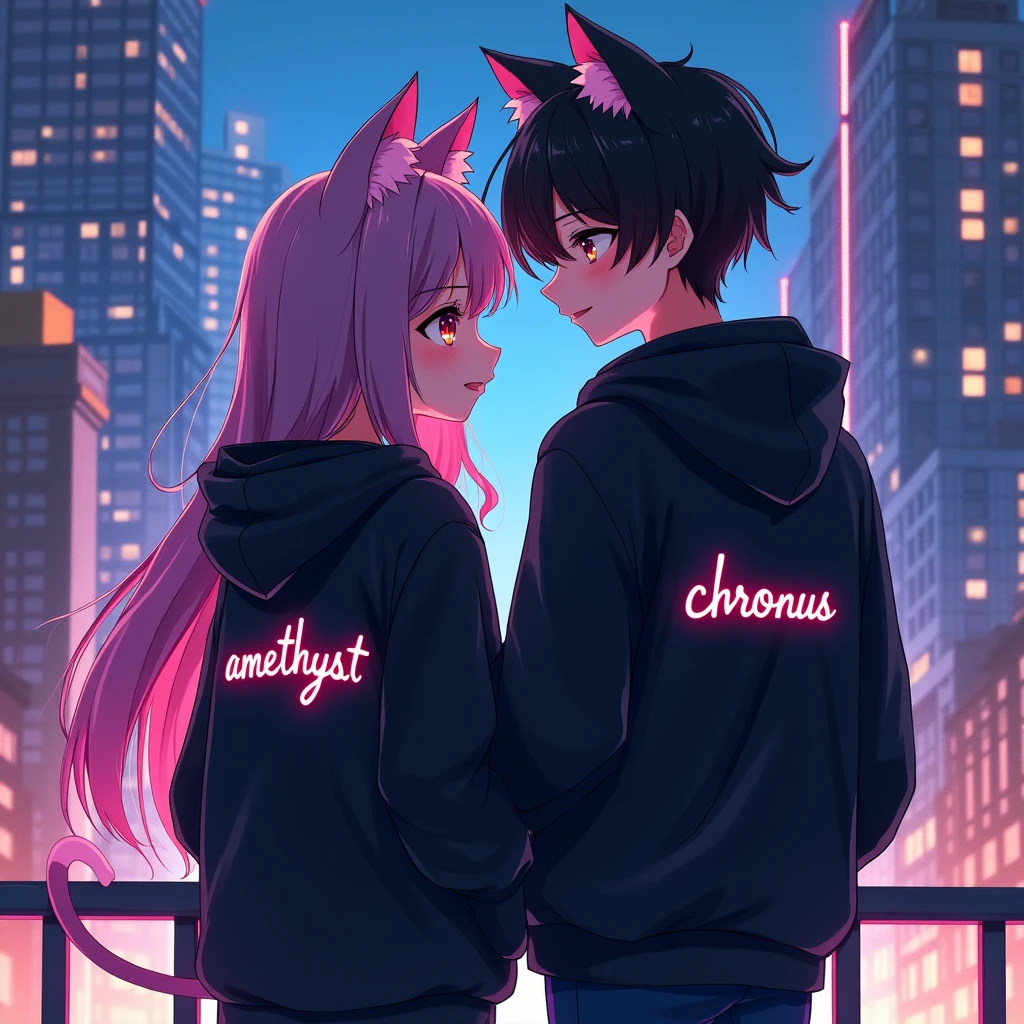 Couple anime wearing black hoodie, with cat ears, with text "Amethyst" to the girl and
"Chronus" to the boy, in citylights background