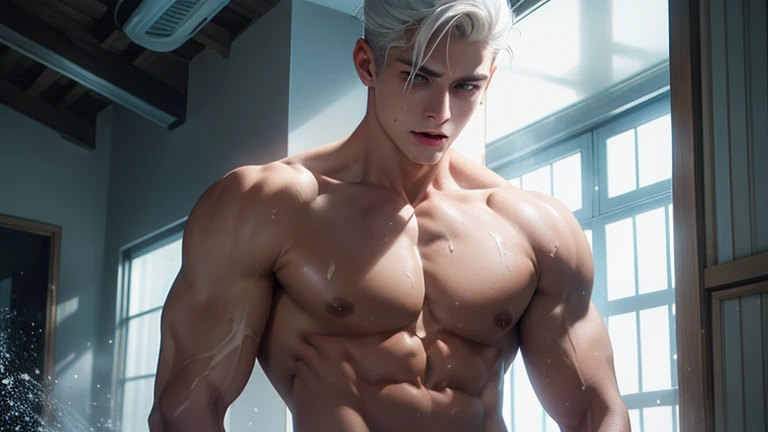 A young boy with white hair,fair skin,handsome,The triangle briefs are wet, so I took half of them off.,裸上半身Soaked in milk,Showing six-pack abs and chest muscles with water droplets on them,Soaked in milk,纖細長腿Soaked in milk,There is a big protrusion from below and milk is spurting out,Soaked in milk,Tilting their head back, they wore an expression of comfort.,Milk flows from the corners of the mouth,Sticking out tongue,Drinking milk,Very shy expression,Milk flows from the corner of the mouth,covered in milk,soak in milk,There's milk on your face too,Milk flows from the corners of the mouth,身上Soaked in milk,Complete character,To the light,The light shines on the abdominal muscles,milk everywhere