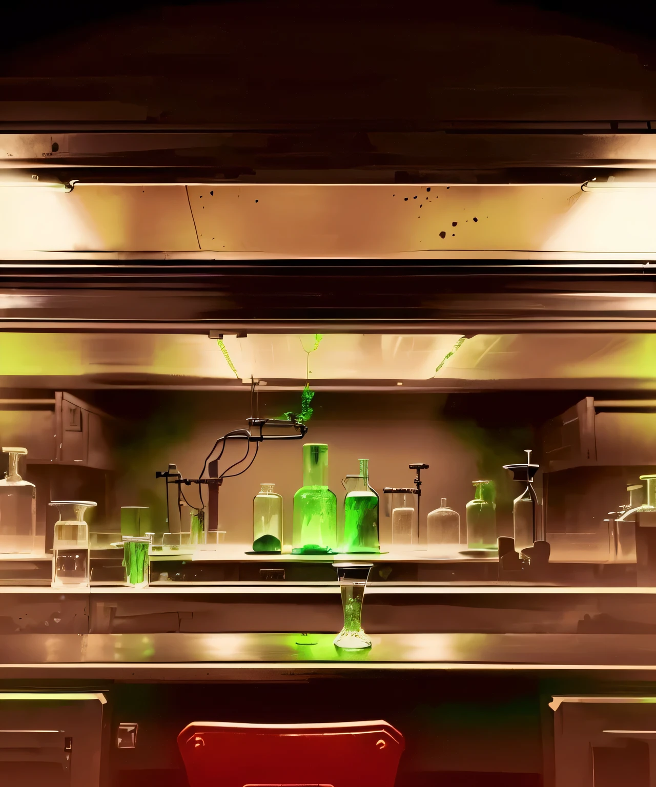 dark creepy science lab, green mood color, dark, stylized, creepy potions, lab, table, dark and moody, more black