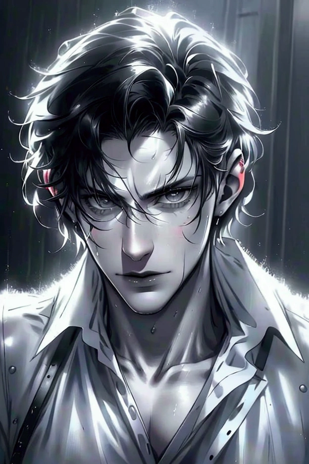 (of the highest quality,4k,8k,High resolution,masterpiece:1.2),Super detailed,(realist,photorealist,photo-realist:1.37),1 person,beautiful skin,White race, White skin, very handsome,short black hair,grey eyes, attractive, square jaw,sharp eyes,A perfect face without a doubt,psychiatric, psychologist, 27 years, no expression marks, half body, SERIOUS LOOK, no wrinkles, young adult, man, fondo de jardin asilo psychiatric,cinema lighting,imagen hdr,Atar、
