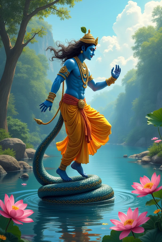 Lord Sri Krishna dancing upon a five headed snake in a river