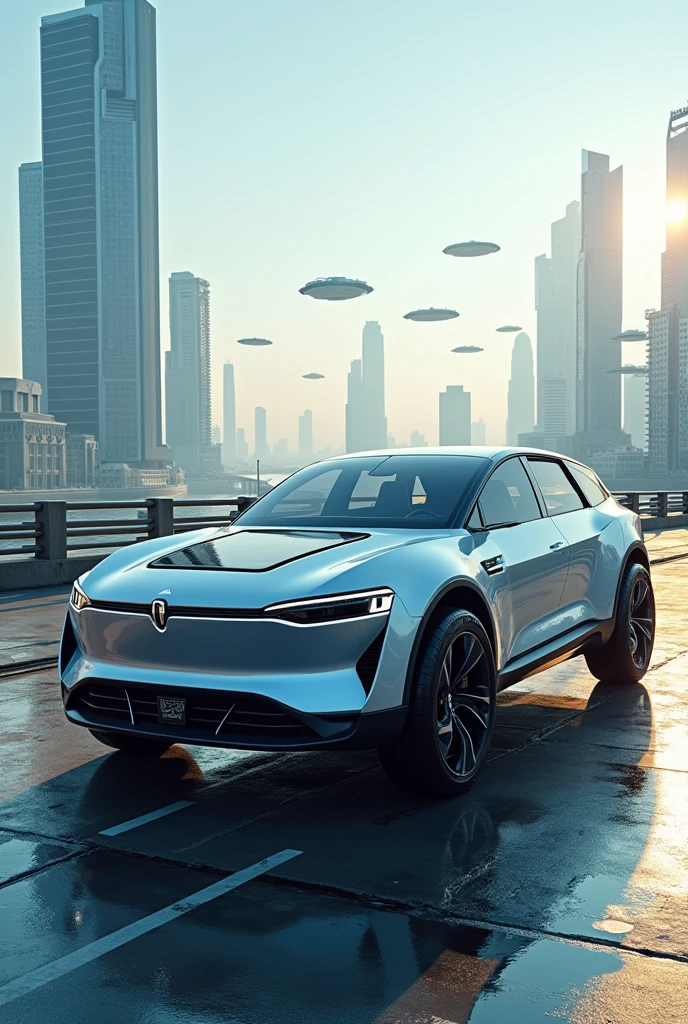 A car with solar panel as it's roof and make it futuristic, add more seats
