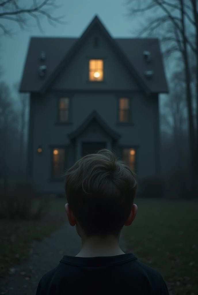 a boy with his back turned looking at a house in the distance, This house has many cameras that are facing the man, The image must be dark, creating mystery in the house. There is only one light from a room above.