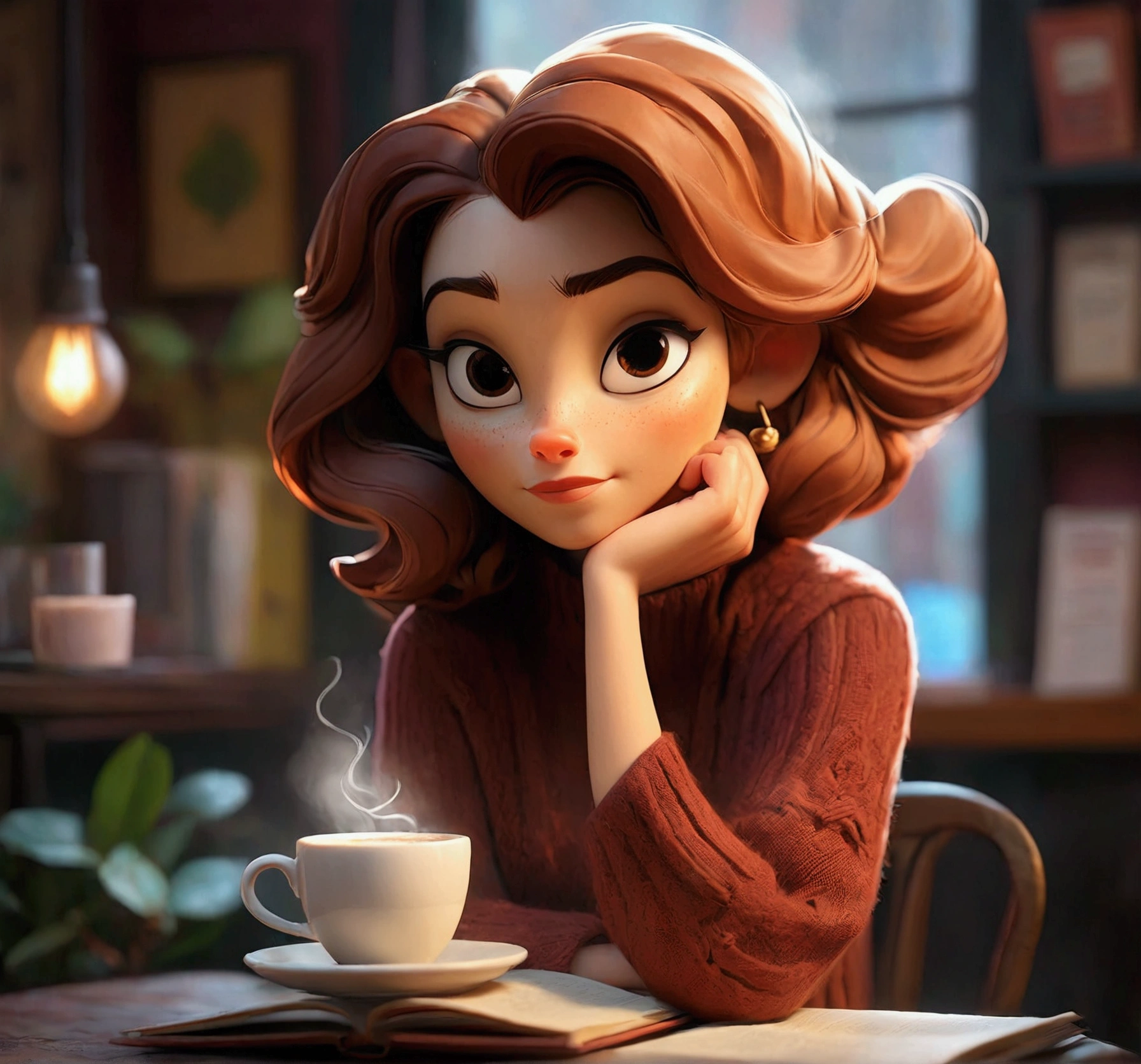 INT. COFFEE SHOP - DAY
Cozy, warmly lit coffee shop with soft ambient music. SARAH, mid-30s, sits at a corner table, reading a book. The atmosphere is inviting and calm.