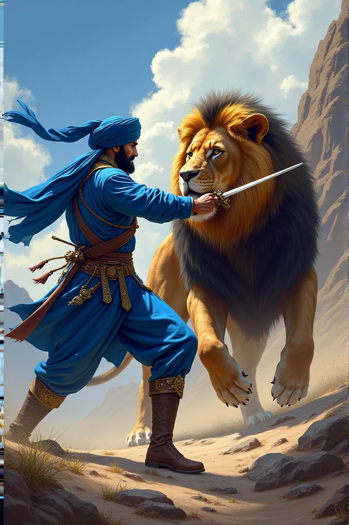 A Nihang singh wearing blue colour clothes and fighting with the loin.