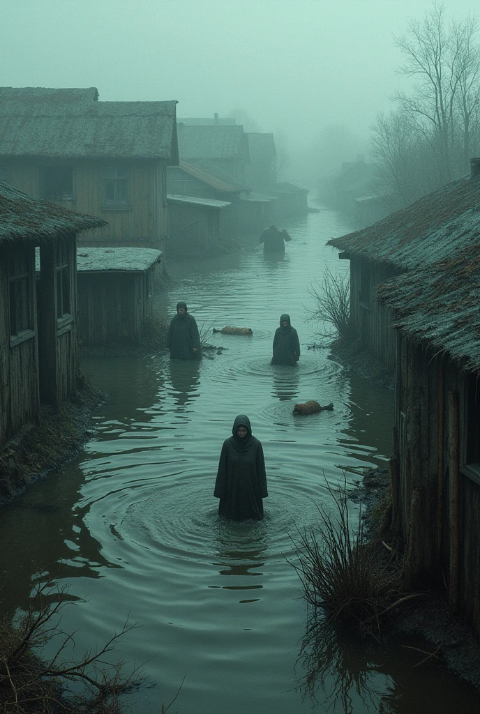 Scenes of floods, flooded villages, and depictions of human suffering