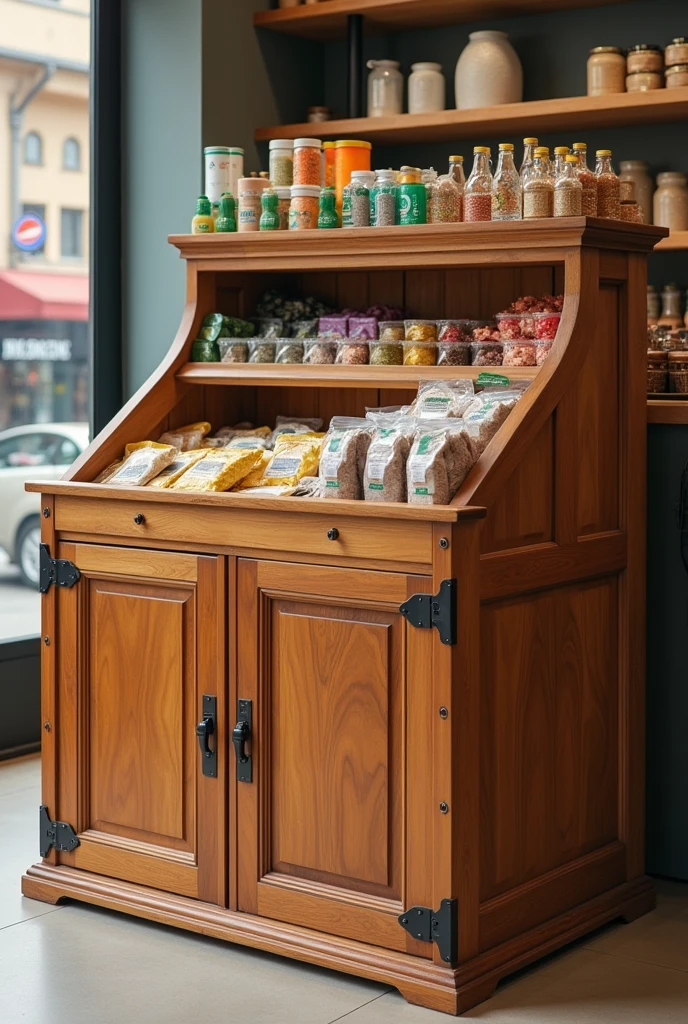Create a wooden box to put products with a height of 100 centimeters, width 66 centimeters, length 86 centimeters, with 2 money slots and 2 doors opening at the back.