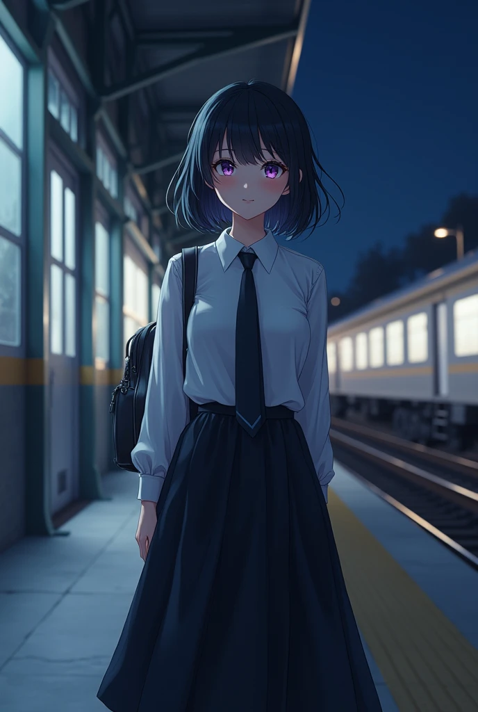 score_9, score_8_up, score_7_up, source_anime, best quality, amazing quality, absurdres, very aesthetic, 1girl, purple eyes, wariza, medium hair, bob cut with layers, black hair, portrait, starshadowmagician, solo, 1 girl, best perfect anatomy, thin, curvy body, flat breasts, close up shot on person, a girl showing happy, smile, blush, medium angle shot, looking at viewer, Hide your arms behind your back, standing pose, white format shirt, long sleeve, black tie, long black skirts, maxi skirt, black socks, Wearing a school hand bag, dynamic angle. perfect dynamic composition, foreshortening, night days, volumetric lighting, Detailed background, Cinematic lighting, Sunlight, Waiting train, train station, Stand on the platform,
