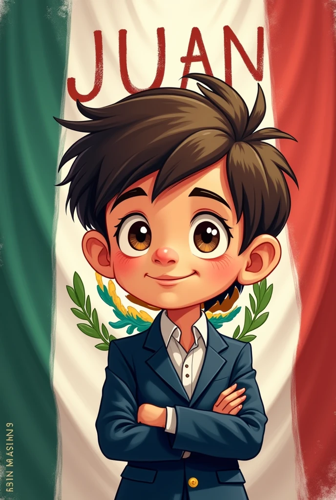 Cartoon boy with short dark hair,Brown hair, broken, hairstyle on the right side, light brown eyes, dressed in a navy suit, please say your name " Juan "in capital letters representing the independence of Mexico with a flag 