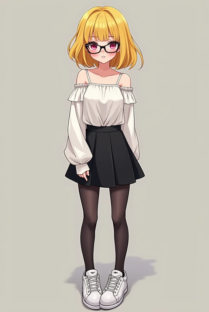 I am and have a height of 1.49 yellow hair black glasses pink eyes an extremely blush a white blouse to the shoulders short black skirt black mesh stockings white Adidas tennis shoes and that she is an extremely shy girl